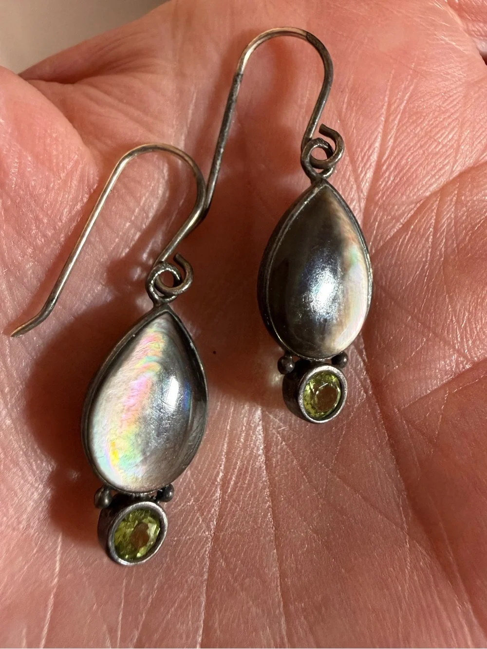 Sterling silver Abalone shell tear drop green Peridot Dangle Minimalist earrings